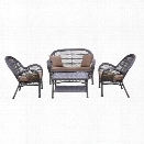 Jeco 4 Piece Wicker Conversation Set in Espresso with Brown Cushions