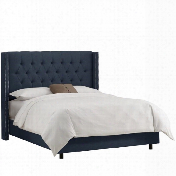 Skyline Upholstered Diamond Tufted Wingback Nail Queen Bed In Navy