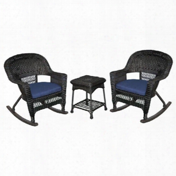 Jeco 3pc Wicker Rocker Chair Set In Black With Blue Cushion
