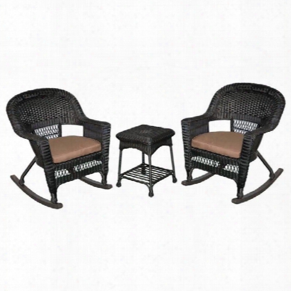 Jeco 3pc Wicker Rocker Chair Set In Black With Brown Cushion