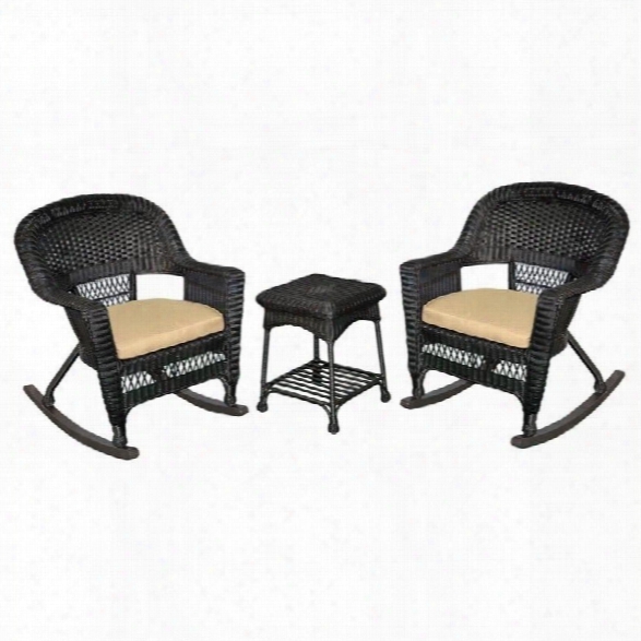 Jeco 3pc Wicker Rocker Chair Set In Black With Tan Cushion