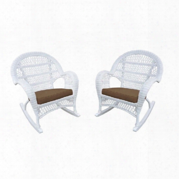 Jeco Wicker Rocker Chair In White With Brown Cushion (set Of 4)