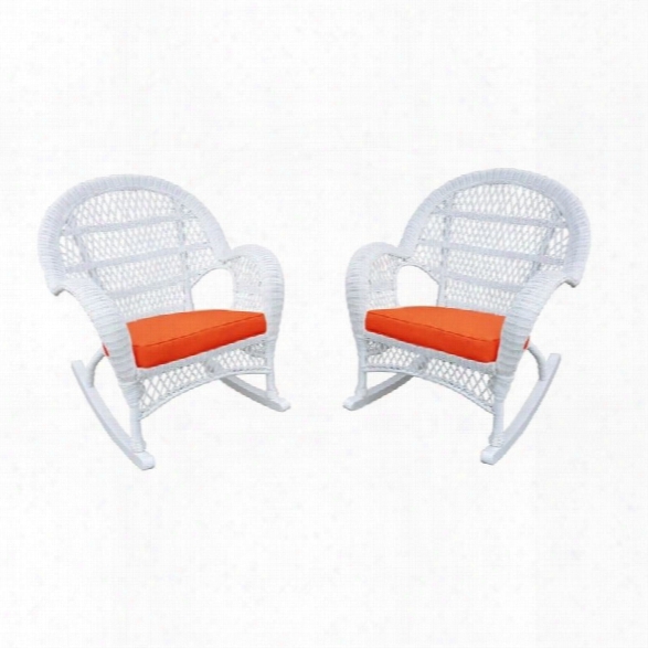 Jeco Wicker Rocker Chair In White With Orange Cushion (set Of 4)