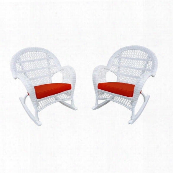 Jeco Wicker Rocker Chair In White With Red Cushion (set Of 4)