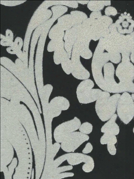 Sample Heirloom Damask Velvet Flocked Wallpaper In Ebony And White From The Plush Collection By Burke Decor