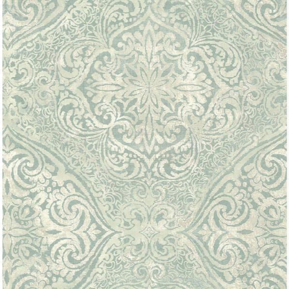 Sample Palladium Damask Wallpaper In Aqua Metallic By Seabrook Wallcoverings