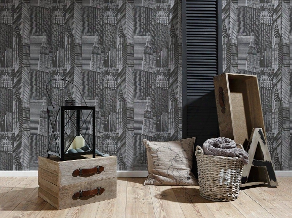 Cityscape Wallpaper In Black And Metallic Design By Bd Wall