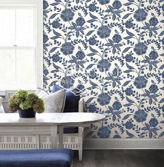 Classic Floral Wallpaper In Blues And White Design By Seabrook Wallcoverings