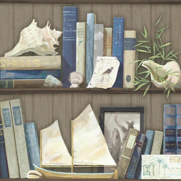 Coastal Library Wallpaper In Blue And Brown Design By York Wallcoverings