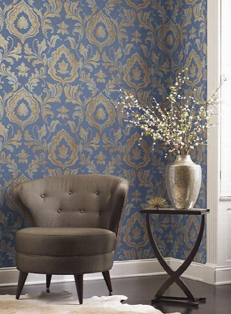 Contempo Damask Wallpaper In Blue And Gold Design By York Wallcoverings