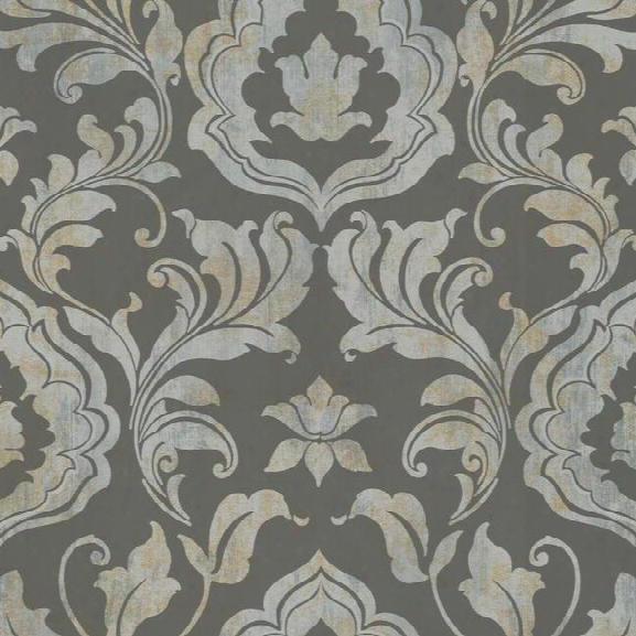 Contempo Damask Wallpaper In Charcoal Design By York Wallcoverings