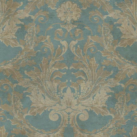 Aida Damask Wallpaper In Blue And Gold Design By York Wallcoverings