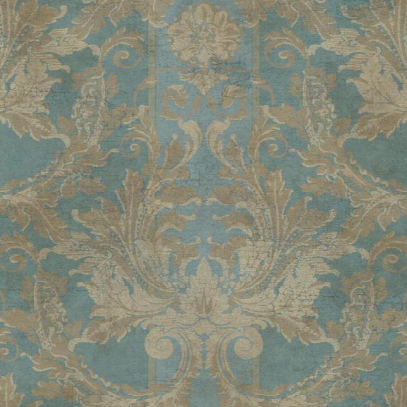 Aida Damask With Stripe Wallpaper In Blue And Gold Design By York Wallcoverings