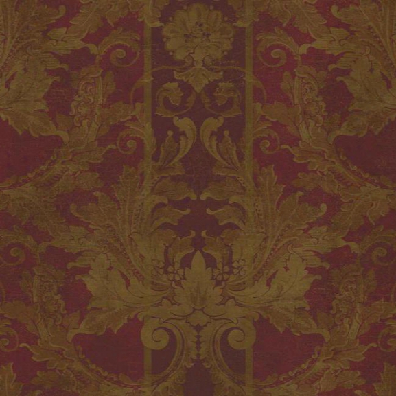 Aida Damask With Stripe Wallpaper In Red And Gold Design By York Wallcoverings