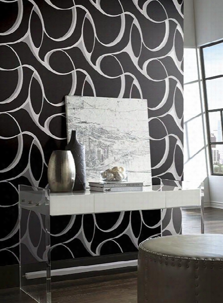 Elliptical Large Geo Wallpaper In Black, Grey, And Silver By York Wallcoverings