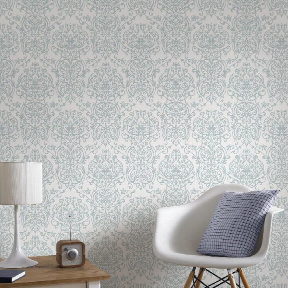 Empress Damask Wallpaper In Duck Egg And White From The Elegance Collection By Graham & Brown