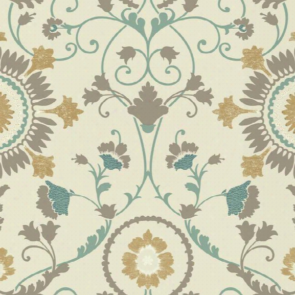 Enamel Ornament Wallpaper In Aqua And Gold Design By Carey Lind For York Wallcoverings