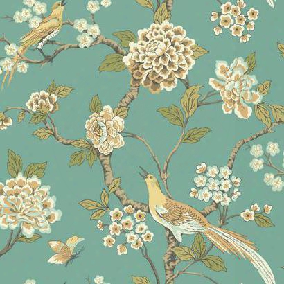 Fanciful Floral Wallpapper In Aqua And Gold By Ashford House For York Wallcoverings