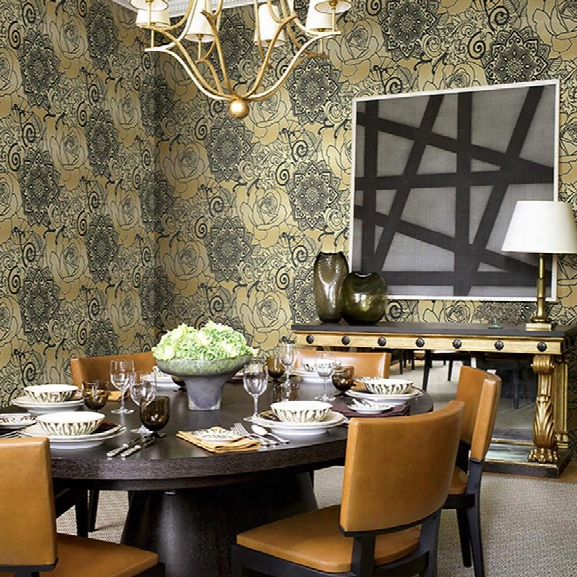 Floral Medallions Wallpaper In Black And Metallic Design By Seabrook Wallcoverings