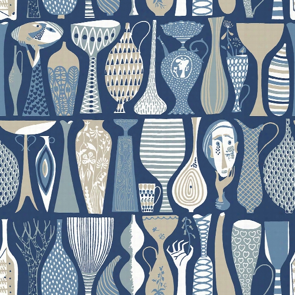 Folk Blue Pottery Wallpaper From The Scandinavian Designers Ii Collection By Brewster Home Fashions