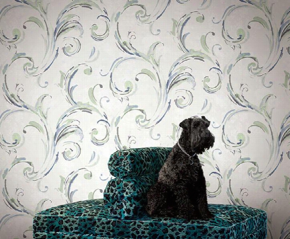 Belle Scrolled Wallpaper In Ivory And Blues By Carl Robinson For Seabrook Walllcoverings