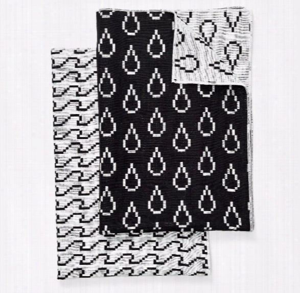 Set Of 2 Bitmap Textiles Black & White Tea Towels In Waves & Drops Design By Areaware