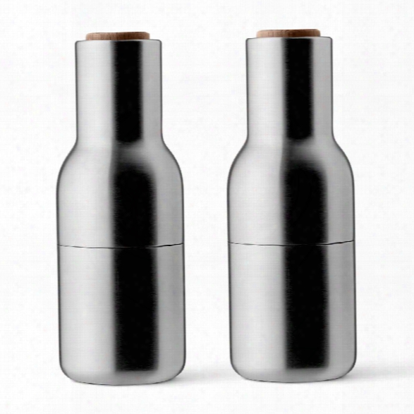 Set Of 2 Bottle Grinders In Brushed Steel W/ Walnut Lid Design By Menu
