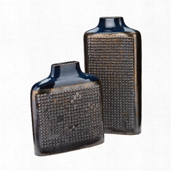 Set Of 2 Cobalt Blue Dotted Relief Rectangular Vases Design By Lazy Susan