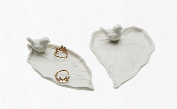 Set Of 2 Decorative Ceramic Leaf Plate W/ Bird In White Design By Bd Edition