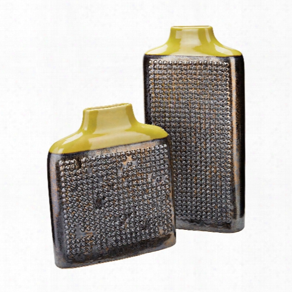 Set Of 2 Lawn Green Dotted Relief Rectangular Vases Design By Lazy Susan