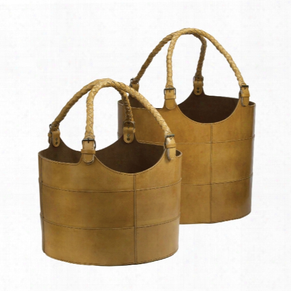 Set Of 2 Leather Buckets In Caramel Design By Lazy Susan