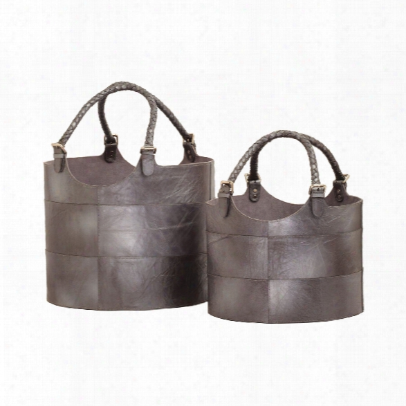 Set Of 2 Leather Buckets In Gunmetal Design By Lazy Susan