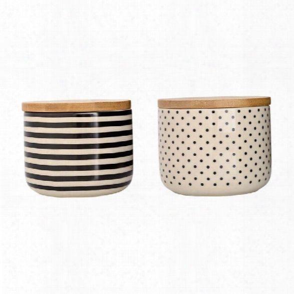 Set Of 2 Off White & Black Jar W/ Wood Lids In 2 Styles Design By Bd Edition