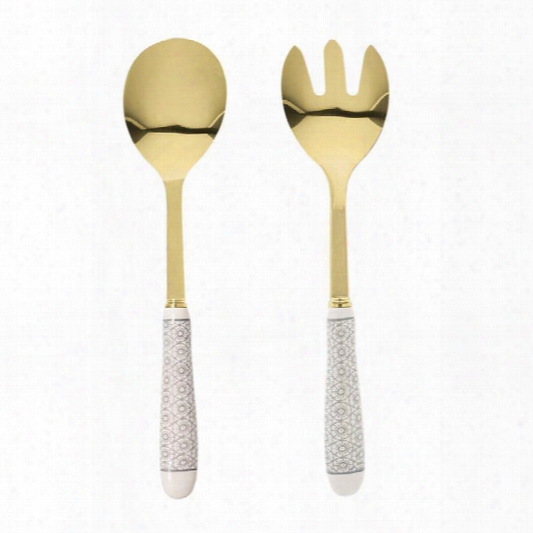 Set Of 2 Stainless Steel & Stoneware Salad Servers W/ Gift Box In Gold Finish Design By Bd Edition