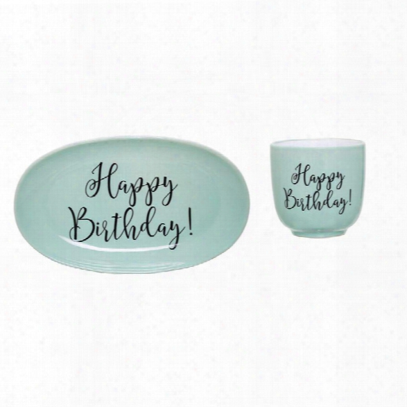 Set Of 2 Summer Stoneware Plate W/ Cup In Green Design By Bd Mini