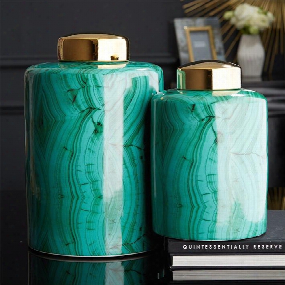 Set Of 2 Tall Malachite Jars W/gold Lids Draw By Tozai