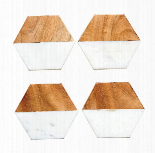 Set Of 4 Marble & Mango Wood Hexagon Coasters Design By Bd Edition