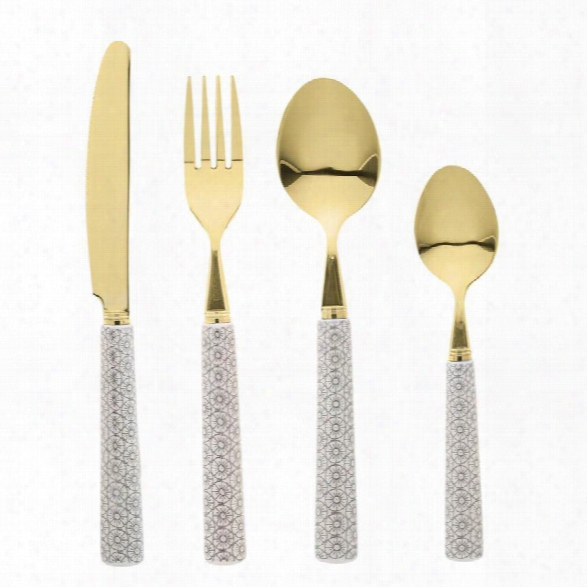 Set Of 4 Stainless Steel & Stoneware Cutlery W/ Gift Box In Gold Finish Design By Bd Edition