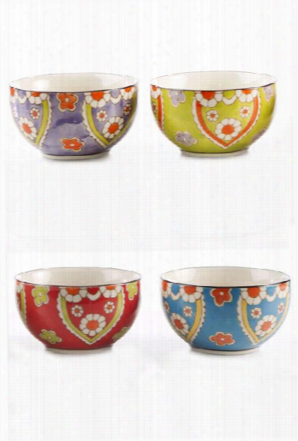 Set Of Four Handpainted Ceramic Lotus Bowls By Vagabond Vintage