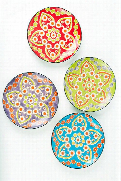 Set Of Four Handpainted Ceramic Lotus Dinner Plates By Vagabond Vintage