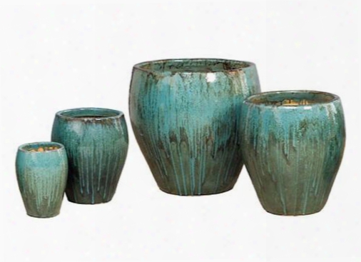 Set Of Four Pots In Teal Design By Emissary