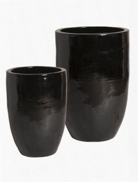 Set Of Two Tall Round Planters In Black Design By Emissary