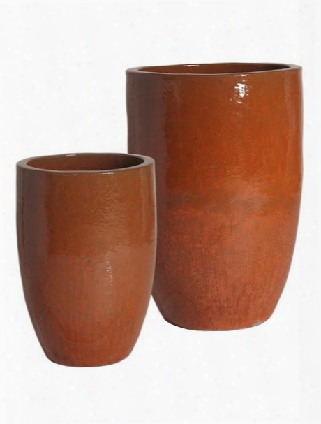 Set Of Two Tall Round Planters In Paprika Design By Emissary