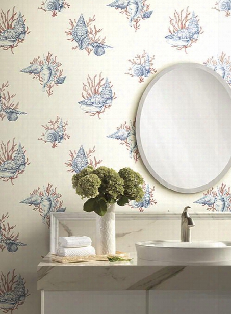 Shell Toile Wallpaper In Blue And Orange By Ashford House For York Wallcoverings