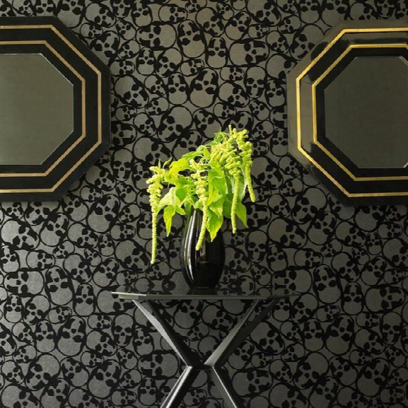 Skulls Flocked Wallpaper In Black By Barbara Hulanicki For Graham & Brown