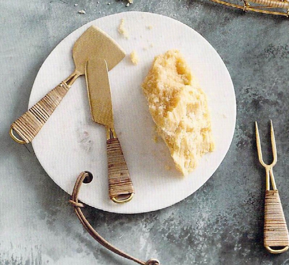 Blanca Marble Boards With Leather Ties And Brass & Rattan Cheese Tools By Roost