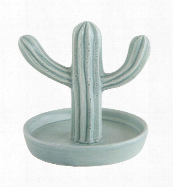 Stoneware Ring Dish W/ Cactus In Matte Aqua Finish Design By Bd Edition