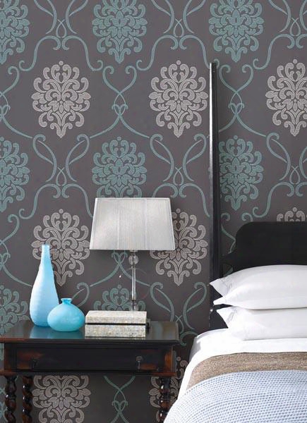 Suzette Damask Wallpaper In Aqua Design By Brewster Home Fashions