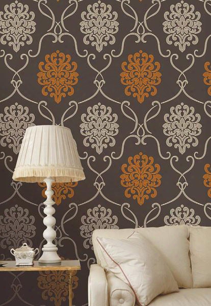 Suzette Damask Wallpaper In Espresso Brown Design By Brewster Home Fashions