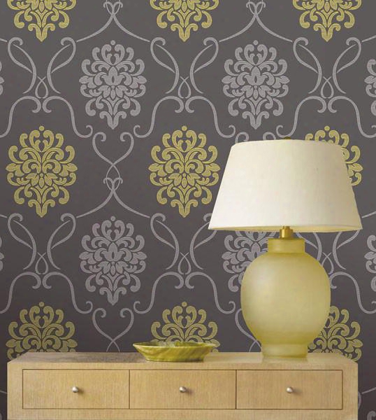 Suzette Damask Wallpaper In Gray Design By Brewster Home Fashions